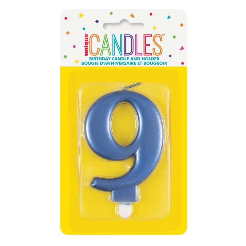 Metallic Blue Number 9 Birthday Candle