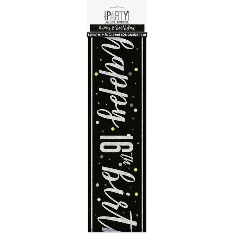 Glitz Happy 16th Birthday Black Foil Banner - 9ft