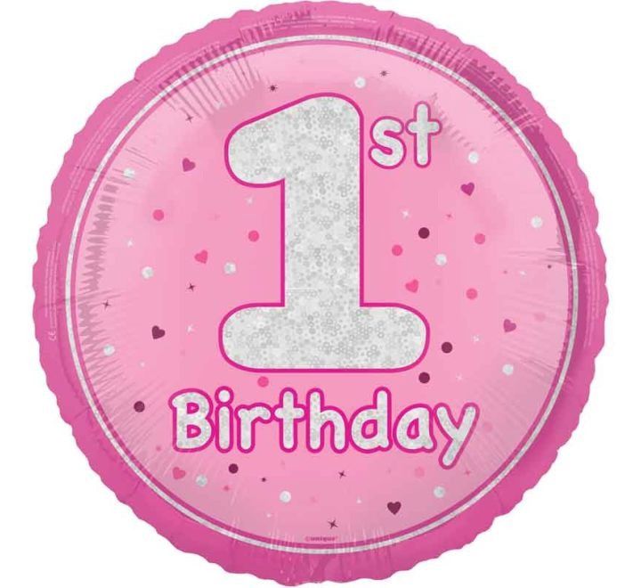 1st Birthday Foil Balloon – Pink Hearts Design – Uninflated