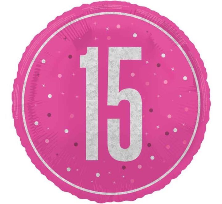 15th Birthday Foil Balloon – Pink &amp; Silver Confetti Design – Uninflated