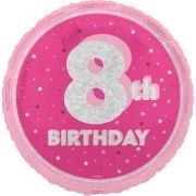 8th Birthday Foil Balloon – Pink &amp; Silver Confetti Design – Uninflated