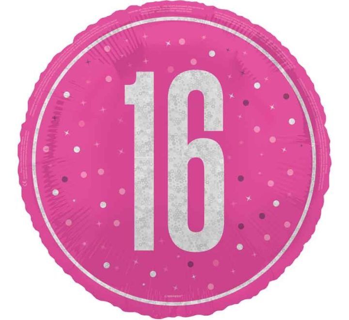 16th Birthday Foil Balloon – Pink &amp; Silver Confetti Design – Uninflated