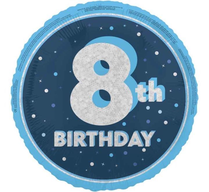 8th Birthday Foil Balloon – Blue &amp; Silver Confetti Design – Uninflated