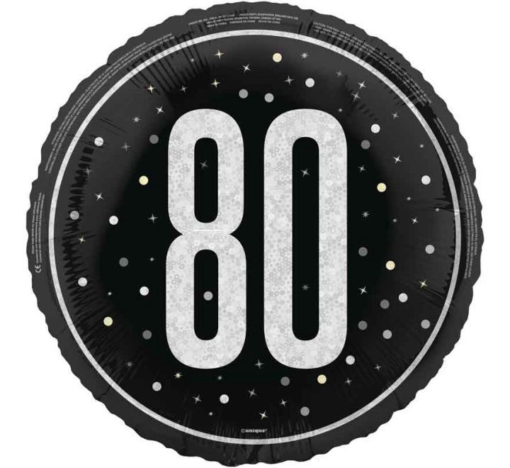 80th Birthday Foil Balloon – Black &amp; Silver Sparkle Design – Uninflated