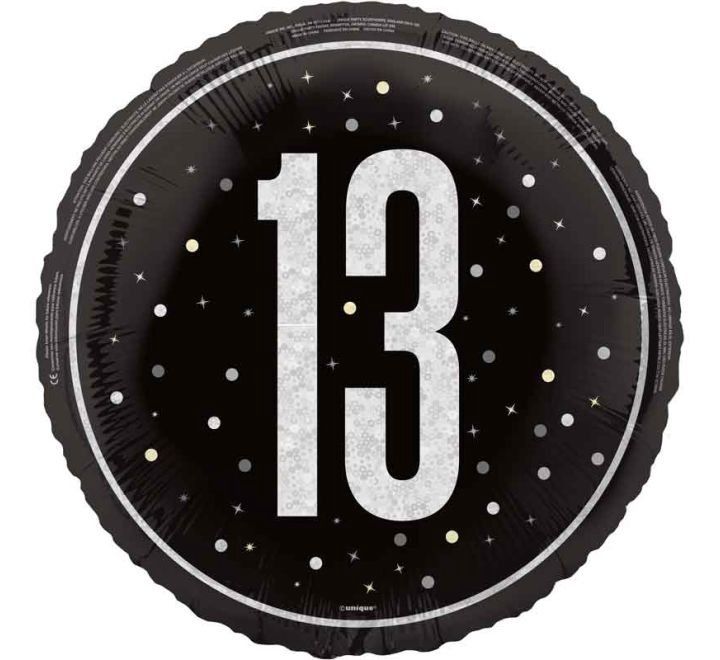 13th Birthday Foil Balloon – Black &amp; Silver Confetti Design – Uninflated
