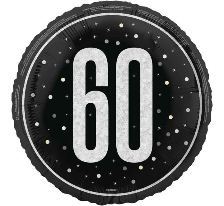 60th Birthday Foil Balloon – Black &amp; Silver Sparkle Design – Uninflated