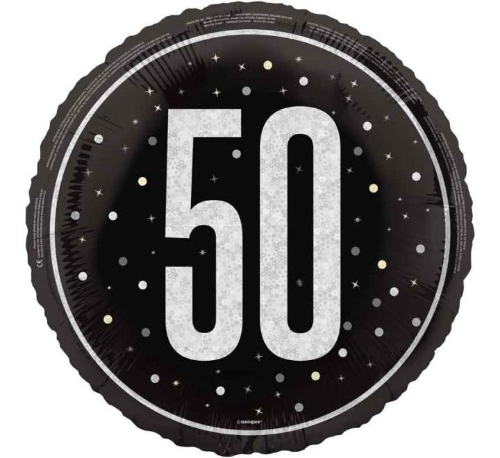 50th Birthday Foil Balloon – Black &amp; Silver Sparkle Design – Uninflated