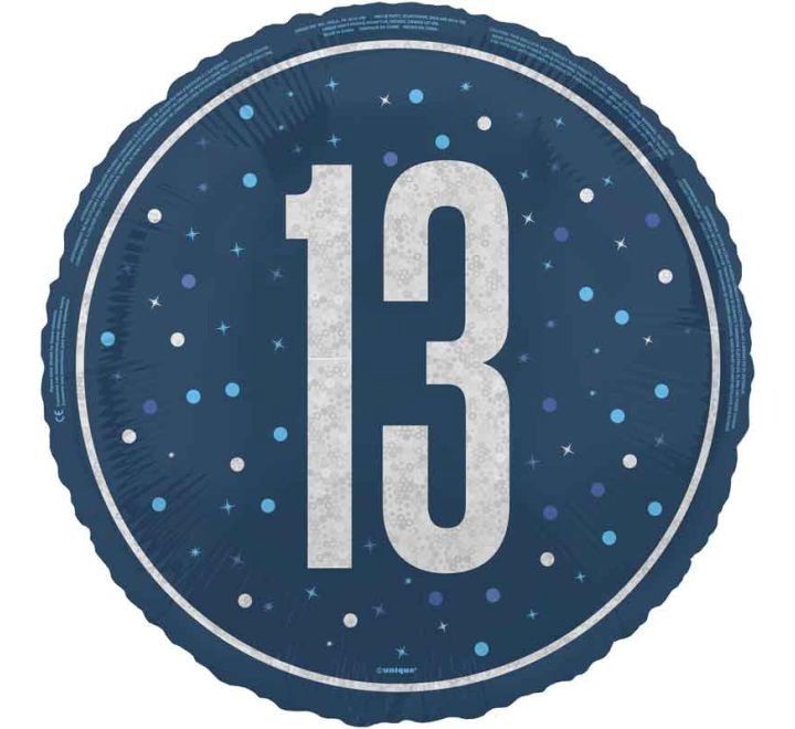 13th Birthday Foil Balloon – Blue Sparkle Design – Uninflated