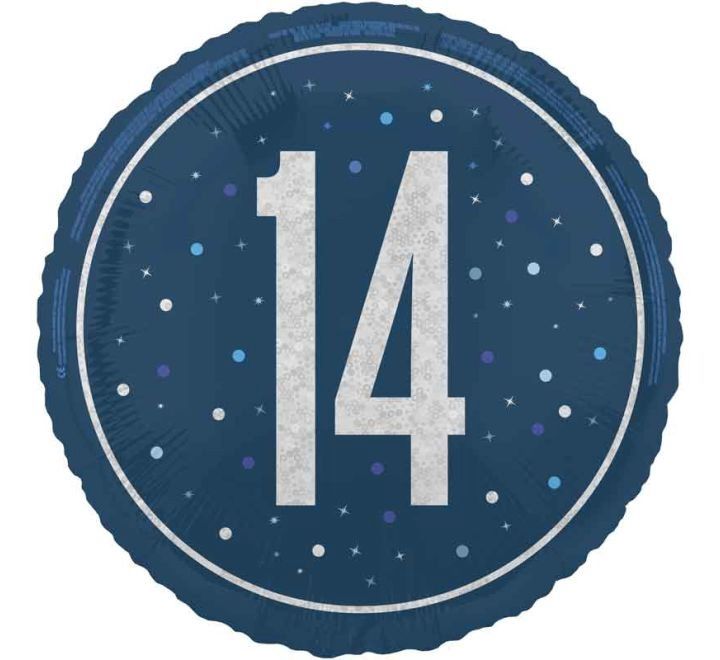 14th Birthday Foil Balloon – Blue Sparkle Design – Uninflated