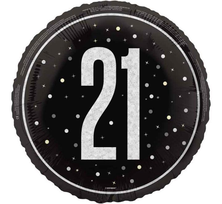 21st Birthday Foil Balloon – Black &amp; Silver Sparkle Design – Uninflated