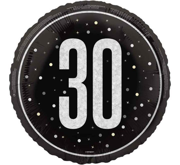 30th Birthday Foil Balloon – Black &amp; Silver Sparkle Design – Uninflated