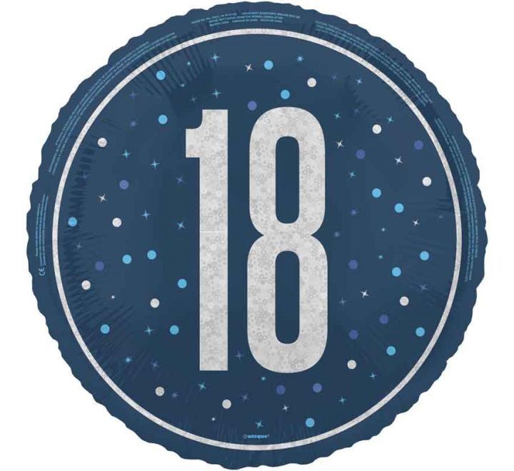18th Birthday Foil Balloon – Blue Sparkle Design – Uninflated