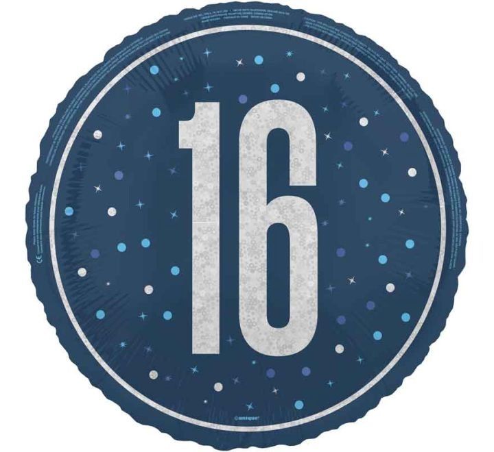 16th Birthday Foil Balloon – Blue Sparkle Design – Uninflated