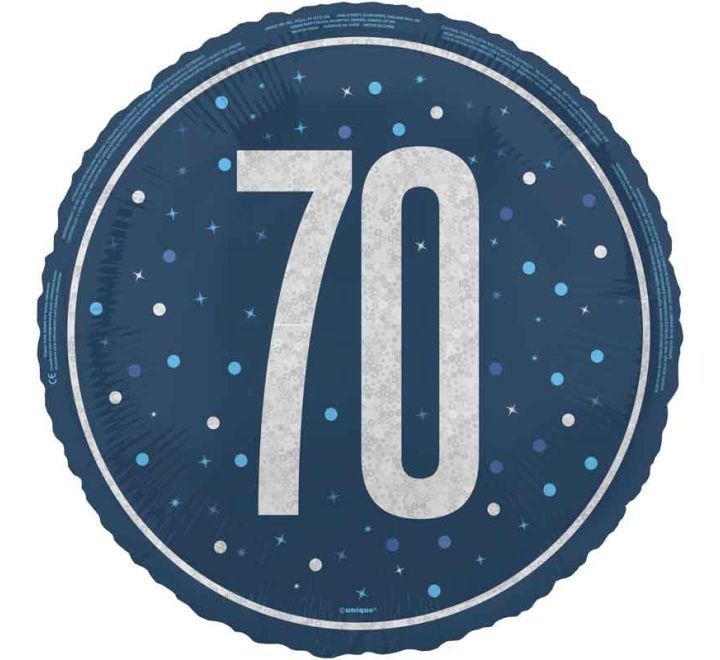 70th Birthday Foil Balloon – Blue &amp; Silver Confetti Design – Uninflated