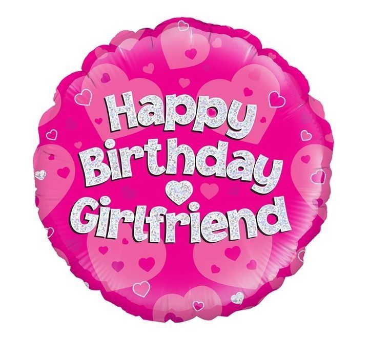 Happy Birthday Girlfriend Foil Balloon – Pink Holographic Hearts – Uninflated