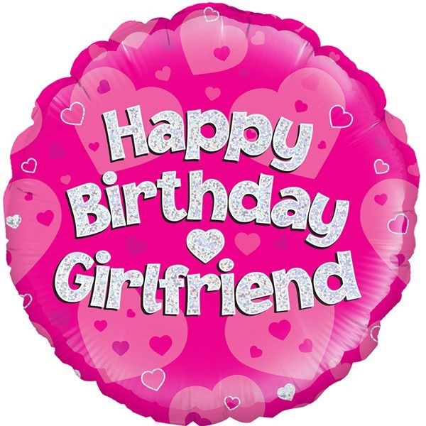 Happy Birthday Girlfriend Foil Balloon – Pink Holographic Hearts – Uninflated