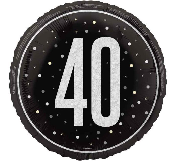 40th Birthday Foil Balloon – Black &amp; Silver Sparkle Design – Uninflated