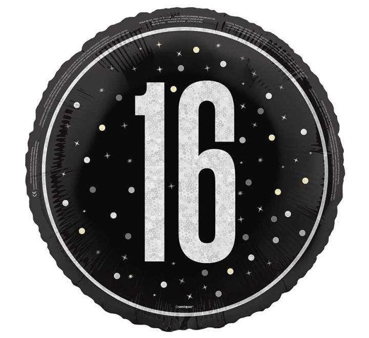 16th Birthday Foil Balloon – Black &amp; Silver Sparkle Design – Uninflated
