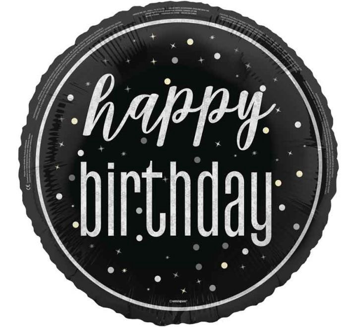 Happy Birthday Foil Balloon – Black &amp; Silver Sparkle Design – Uninflated