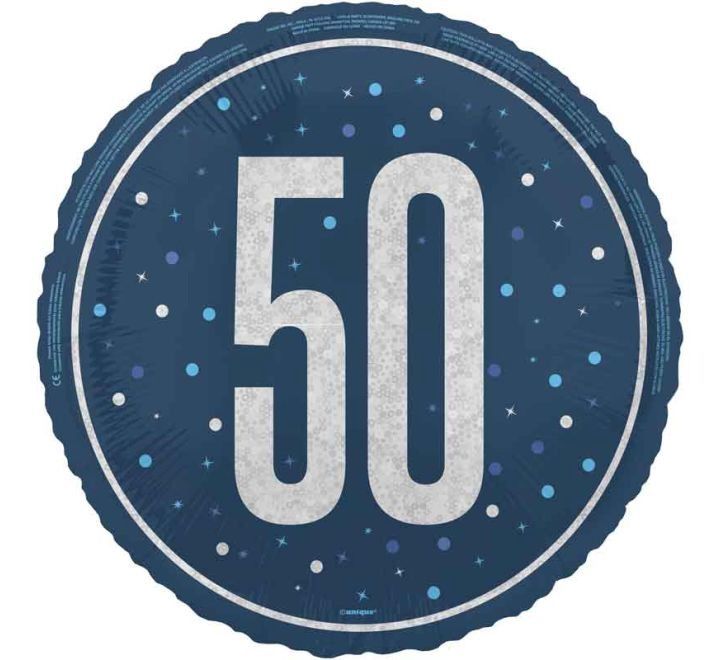 50th Birthday Foil Balloon – Blue &amp; Silver Confetti Design – Uninflated