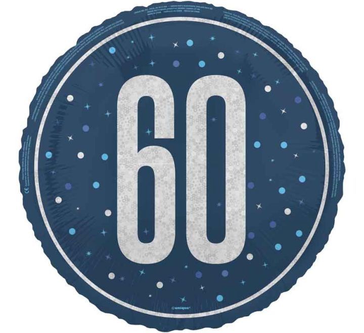 60th Birthday Foil Balloon – Blue &amp; Silver – Uninflated