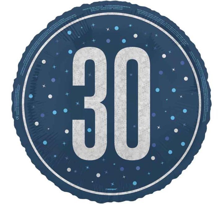 30th Birthday Foil Balloon – Blue Confetti Design – Uninflated
