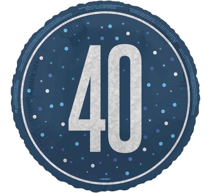 40th Birthday Foil Balloon – Blue &amp; Silver Dots Design – Uninflated