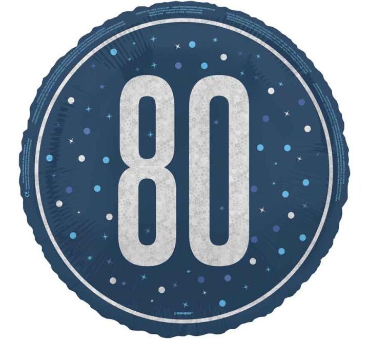 80th Birthday Foil Balloon – Blue &amp; Silver Confetti Design – Uninflated