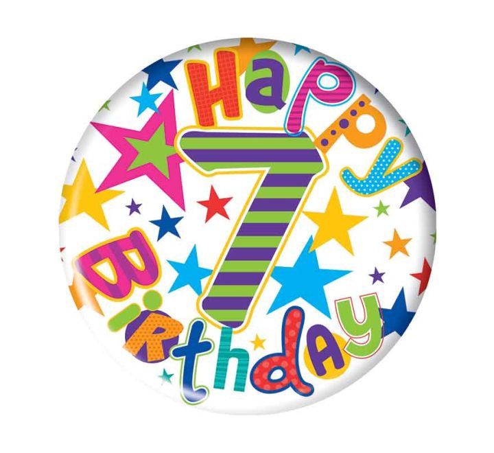Happy 7th Birthday Boy Badge – Colourful Stars Design (5.5cm)