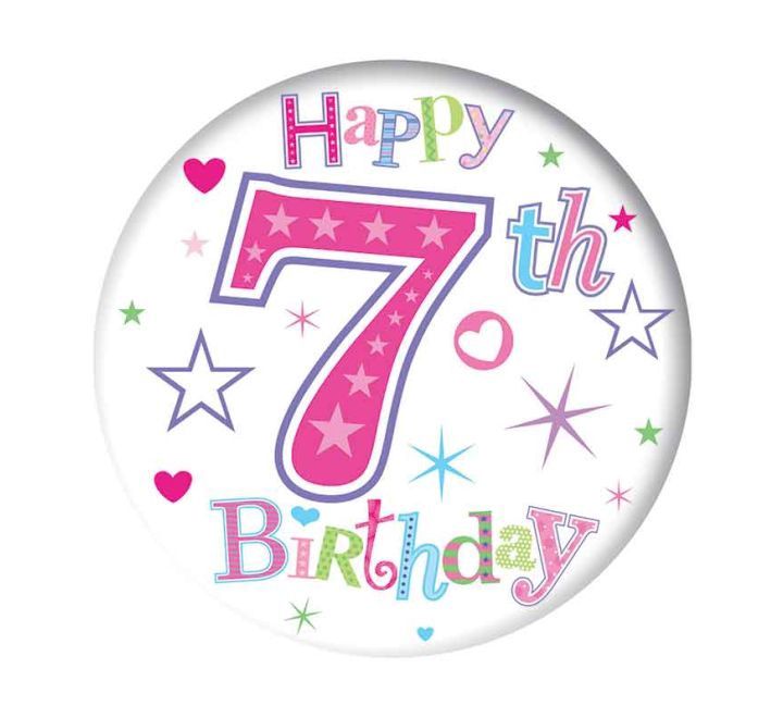 Happy 7th Birthday Girl Badge – Pink &amp; Stars Design (5.5cm)
