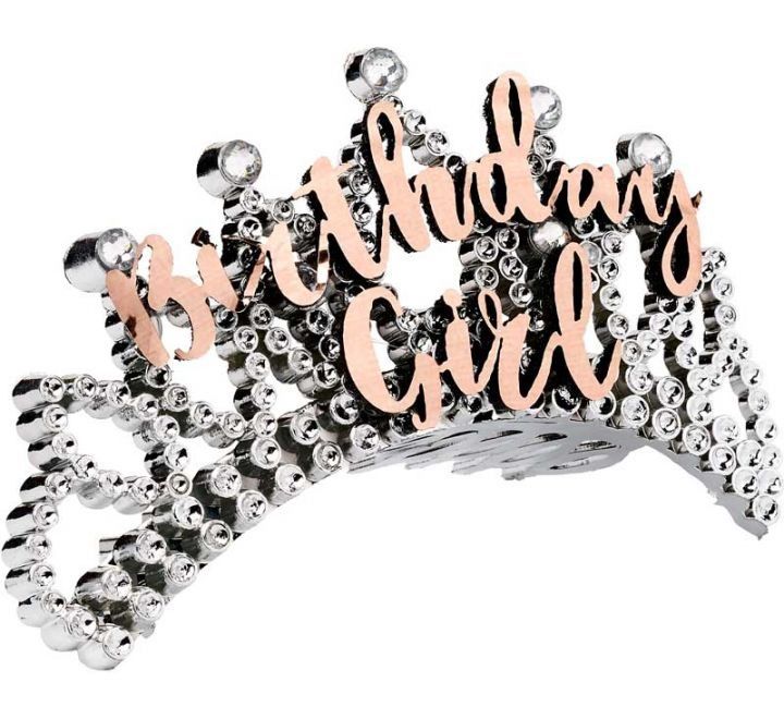 Rose Gold “Birthday Girl” Diamanté Tiara – Silver Crystal Crown (Gift Boxed)
