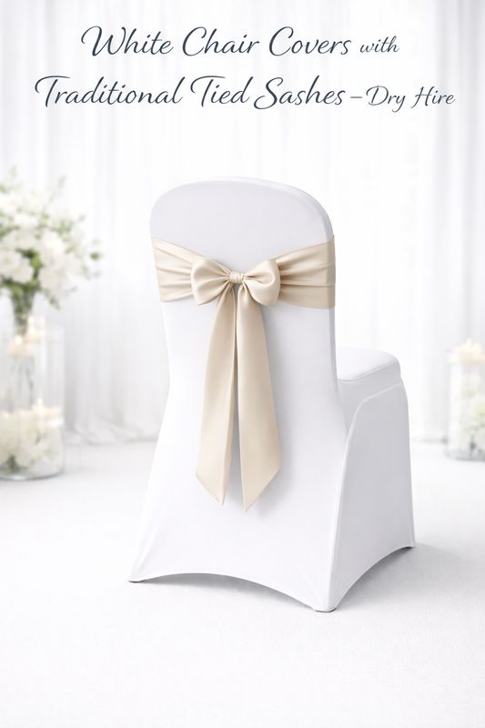 White Chair Covers with Traditional Tied Sashes – Dry Hire
