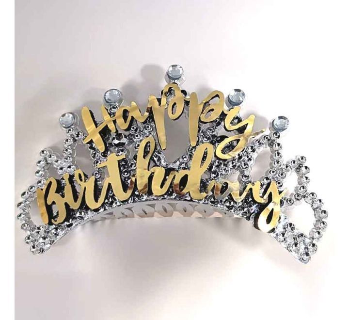 Gold “Happy Birthday” Diamanté Tiara – Silver Crystal Crown (Gift Boxed)