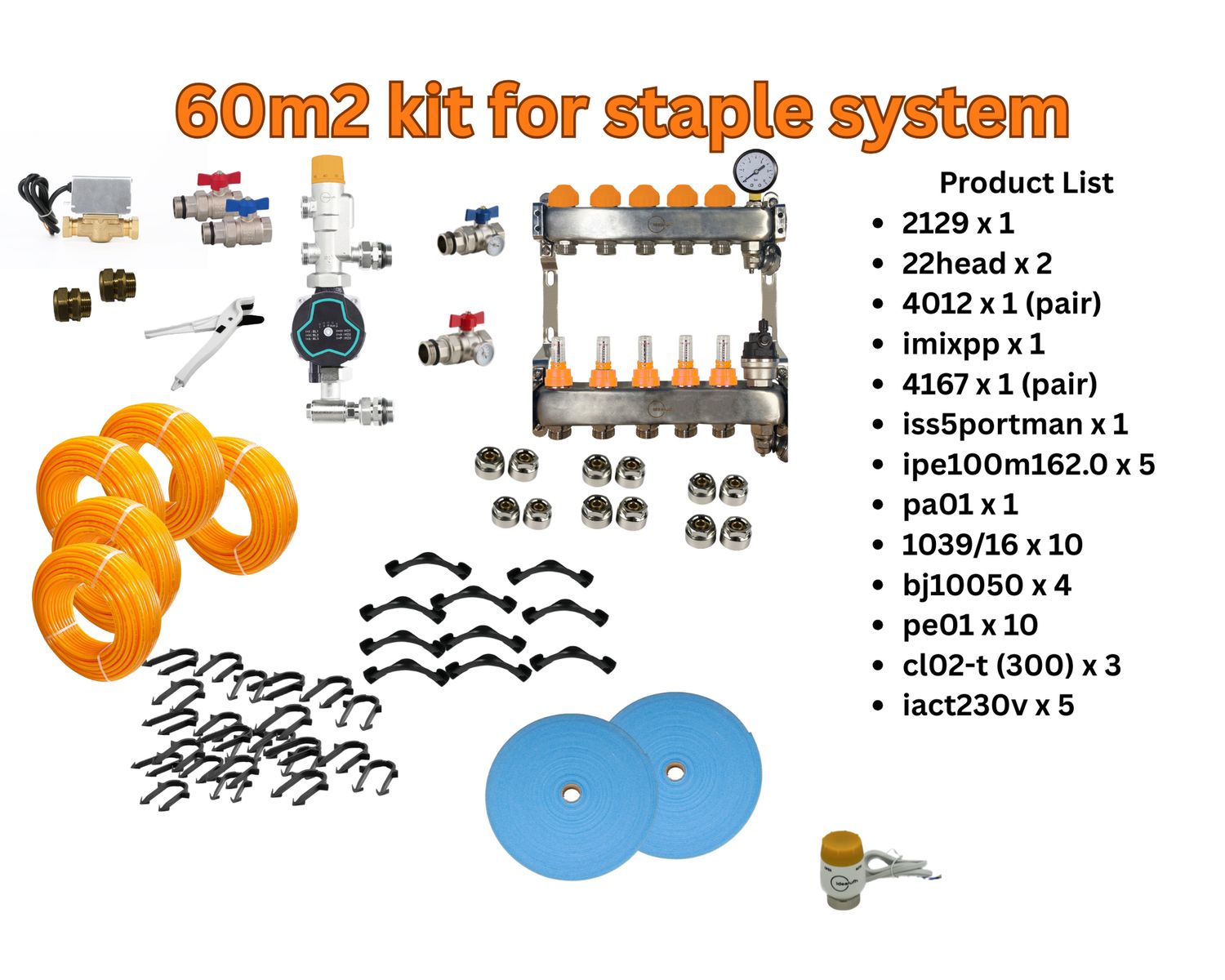 60m2 -1 x 2129, 2 x 22head, 1 x 4012 (pair), 1 x imixpp, 1 x 4167 (pair), 1 x iss5portman, 10 x 1039/16, 10 x pe01, 5 x ipe100m162.0, 1 x pa01, 4 x bj10050, 3 x cl02-t (box of 300), 5 x iact230v