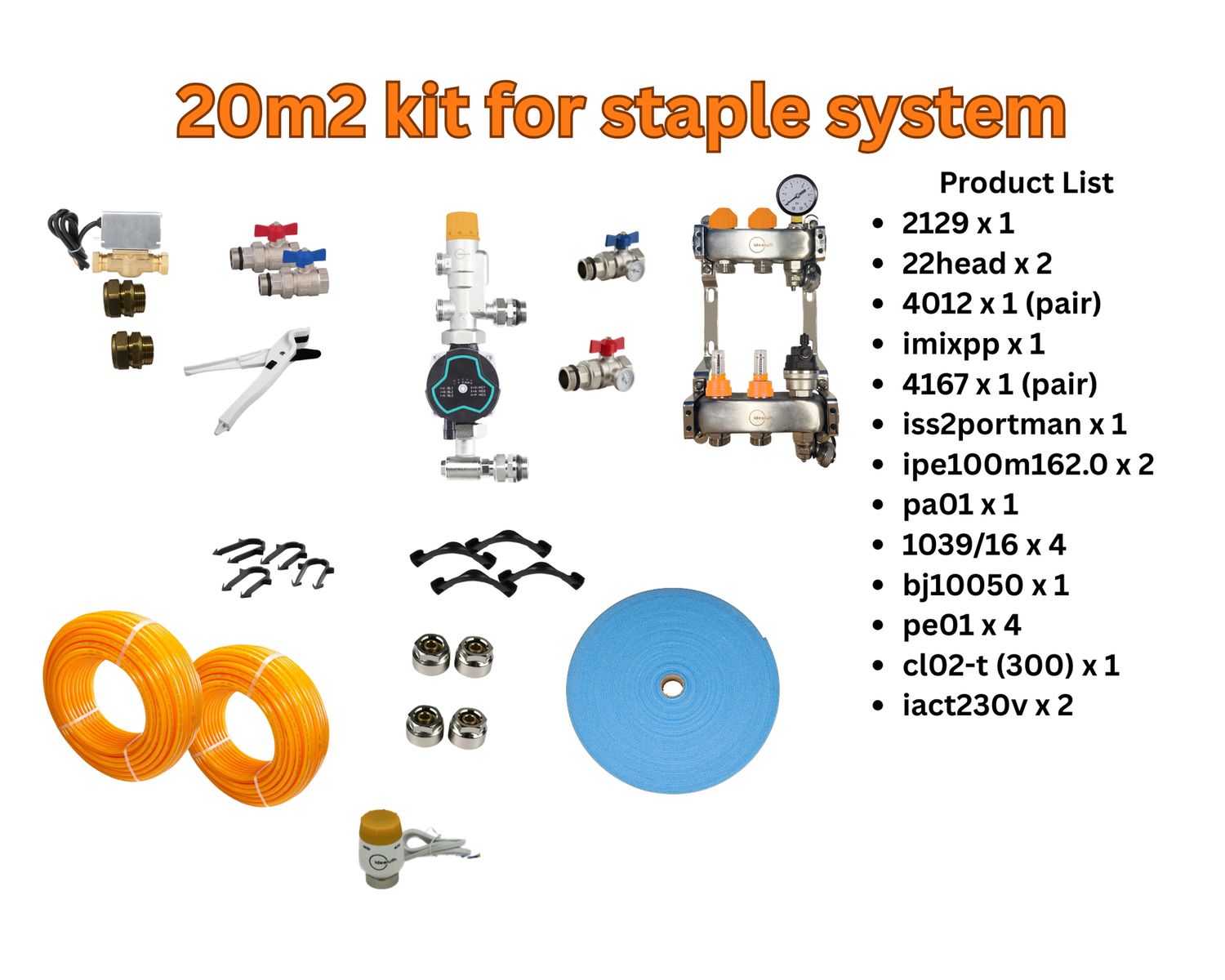 20m2 - 1 x 2129, 2 x 22head, 1 x 4012 (pair), 1 x imixpp, 1 x 4167 (pair), 1 x iss2portman, 4 x 1039/16, 4 x pe01, 2 x ipe100m162.0, 1 x pa01, 1 x bj10050, 1 x cl02-t (box of 300), 2 x iact230v