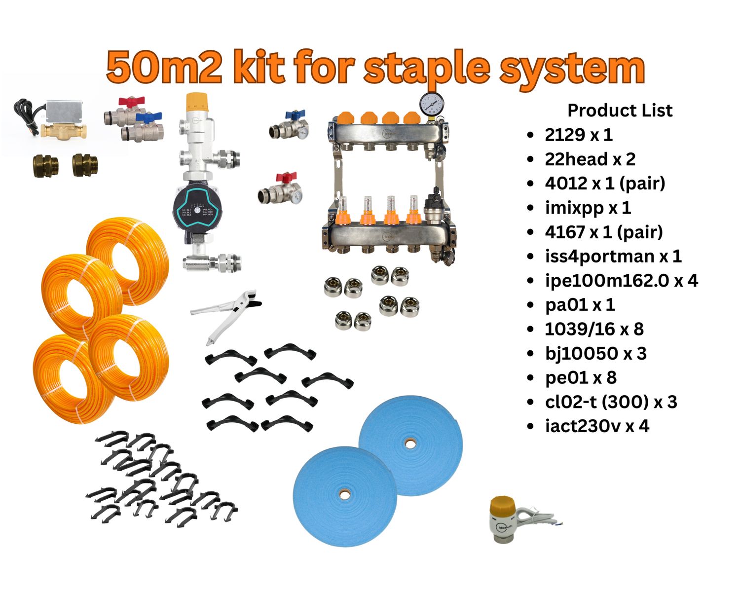 50m2 - 1 x 2129, 2 x 22head, 1 x 4012 (pair), 1 x imixpp, 1 x 4167 (pair), 1 x iss4portman, 8 x 1039/16, 8 x pe01, 4 x ipe100m162.0, 1 x pa01, 3 x bj10050, 3 x cl02-t (box of 300), 4 x iact230v