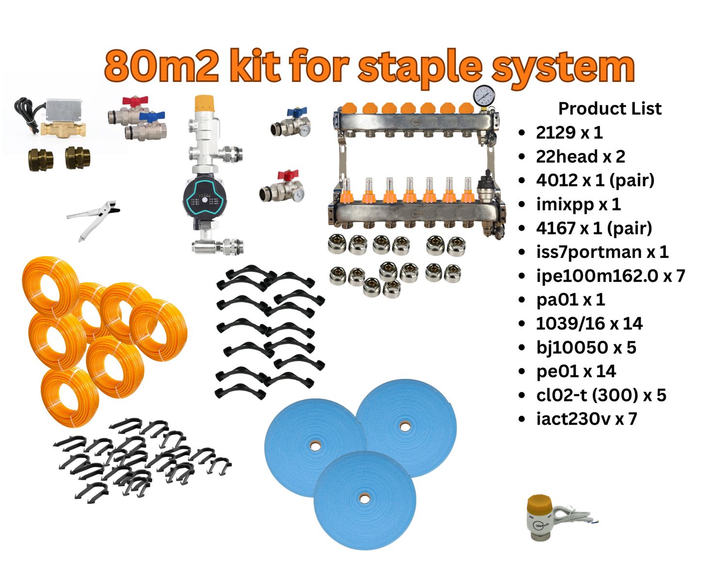 80m2 -1 x 2129, 2 x 22head, 1 x 4012 (pair), 1 x imixpp, 1 x 4167 (pair), 1 x iss7portman, 14 x 1039/16, 14 x pe01, 7 x ipe100m162.0, 1 x pa01, 5 x bj10050, 5 x cl02-t (box of 300), 7 x iact230v