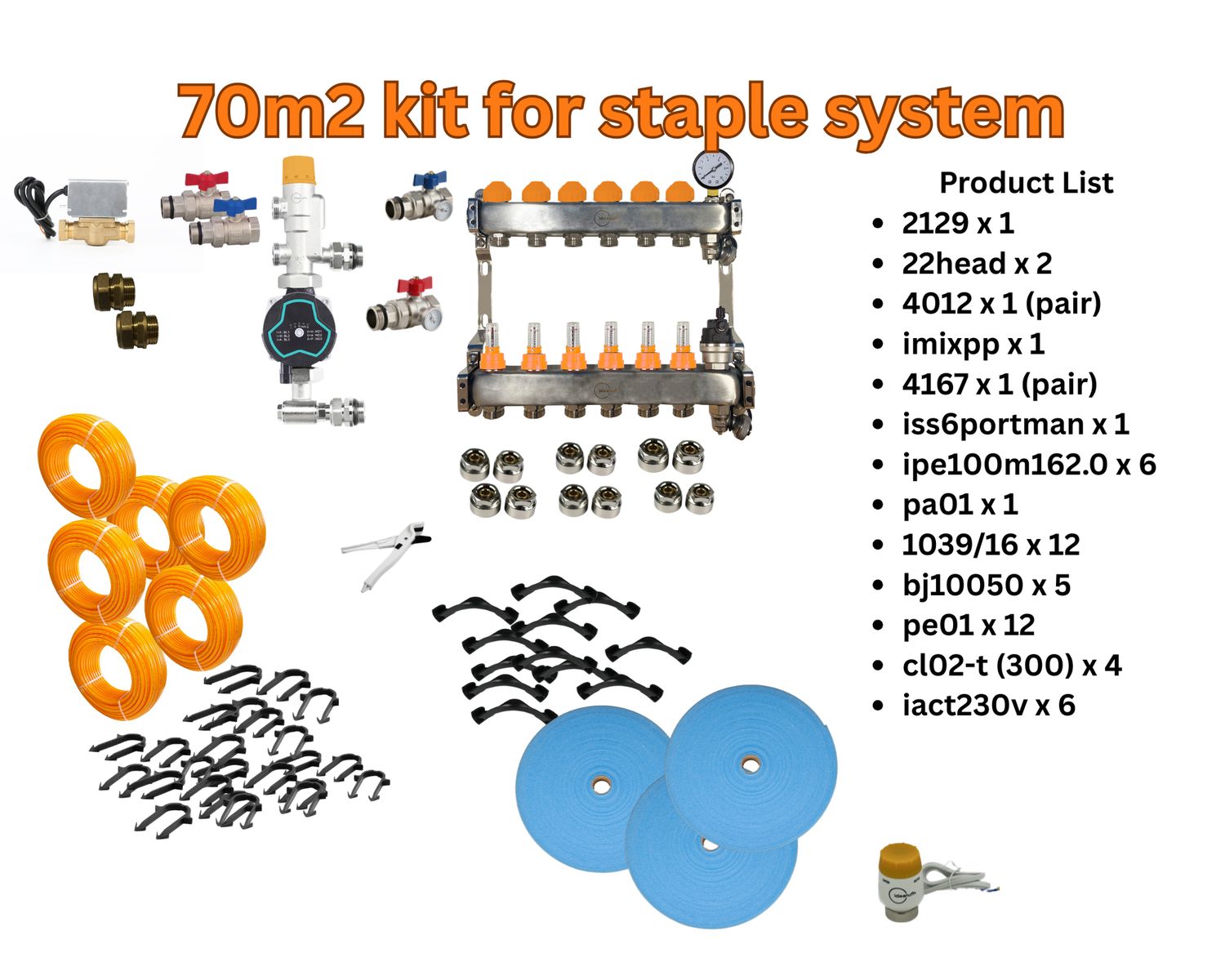70m2 -1 x 2129, 2 x 22head, 1 x 4012 (pair), 1 x imixpp, 1 x 4167 (pair), 1 x iss6portman, 12 x 1039/16, 12 x pe01, 6 x ipe100m162.0, 1 x pa01, 5 x bj10050, 4 x cl02-t (box of 300), 6 x iact230v