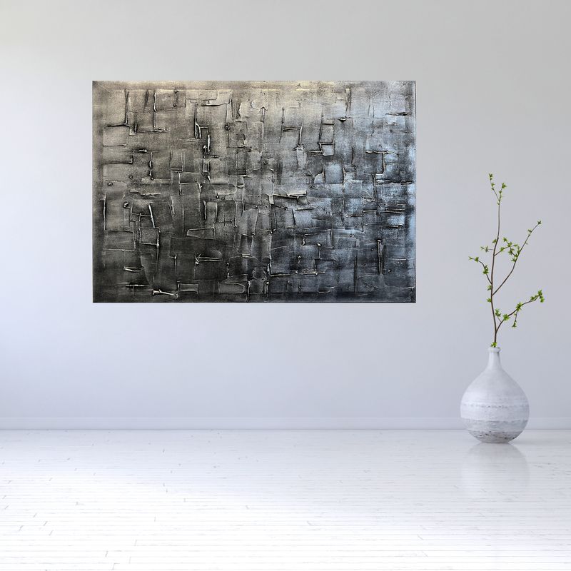 "Rasterbruch in Silber" – Modernes abstraktes Wandbild in Mixed Media