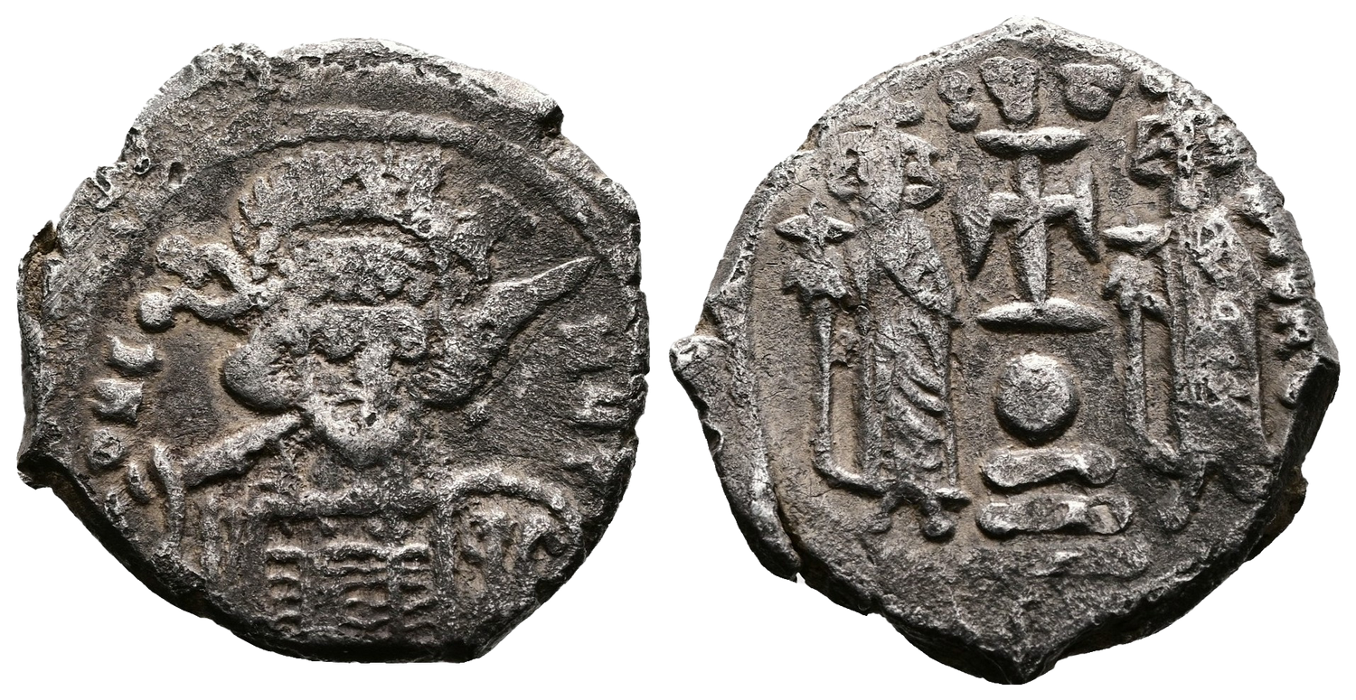 Constantine IV Pogonatus, with Heraclius and Tiberius. (668-685 AD.) AR Hexagram Constantine IV Pogonatus, with Heraclius and Tiberius. (668-685 AD.) AR Hexagram