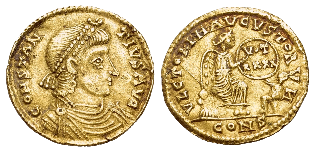 Uncertain Germaic Tribes. Pseudo-Imperial coinage, imitating Constantinople AV Nine-siliqua (16mm, 1.83g, 6h) in the name of Constantius II, c. AD 355-361.