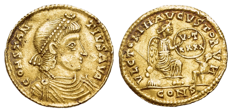 Uncertain Germaic Tribes. Pseudo-Imperial coinage, imitating Constantinople AV Nine-siliqua (16mm, 1.83g, 6h) in the name of Constantius II, c. AD 355-361. Uncertain Germaic Tribes. Pseudo-Imperial coinage, imitating Constantinople AV Nine-siliqua (16mm, 1.83g, 6h) in the name of Constantius II, c. AD 355-361.