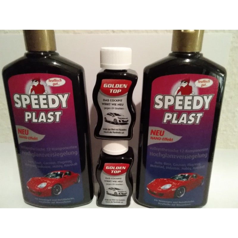 2 x Speedy-Plast, a. 500 ml. + 2 X Plastikpflege, a.100 ml. + 2 X Tücher. (27,08€/Liter)