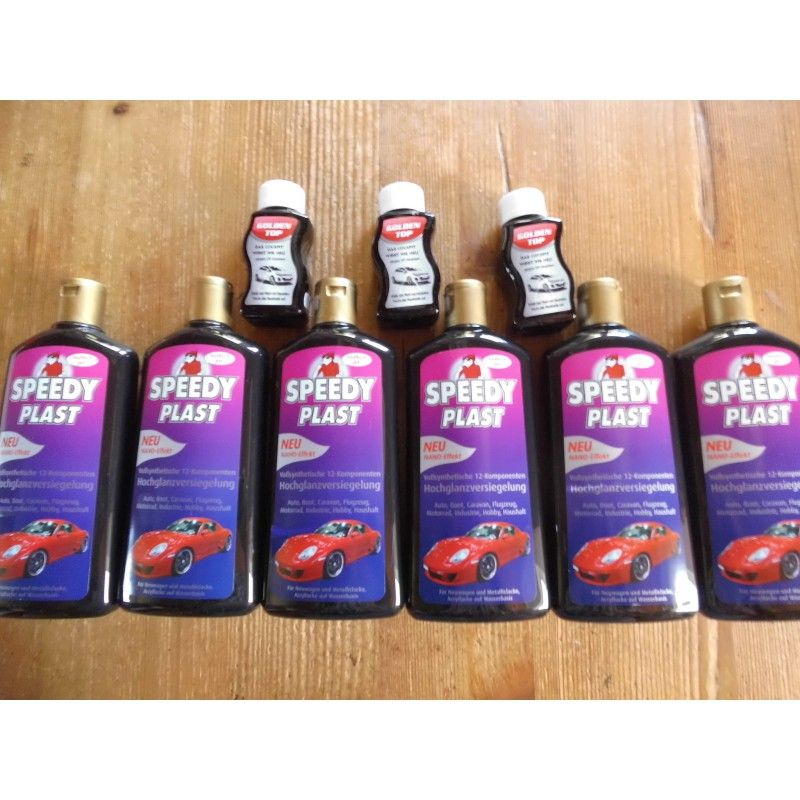 6 Flaschen Speedy-Plast, a. 500 ml und 3 x Plastikpflege, a. 100 ml. + 6 Poliertücher. (25,00€/Liter)