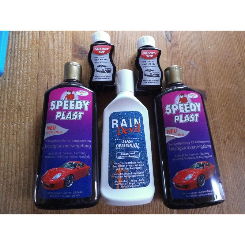 2 X Speedy-Plast  a.500ml. 1 X Rain-Devil 250ml.  2 X Plastikpflege, a.100ml. + 2 Polietücher. (26,83€/Liter)