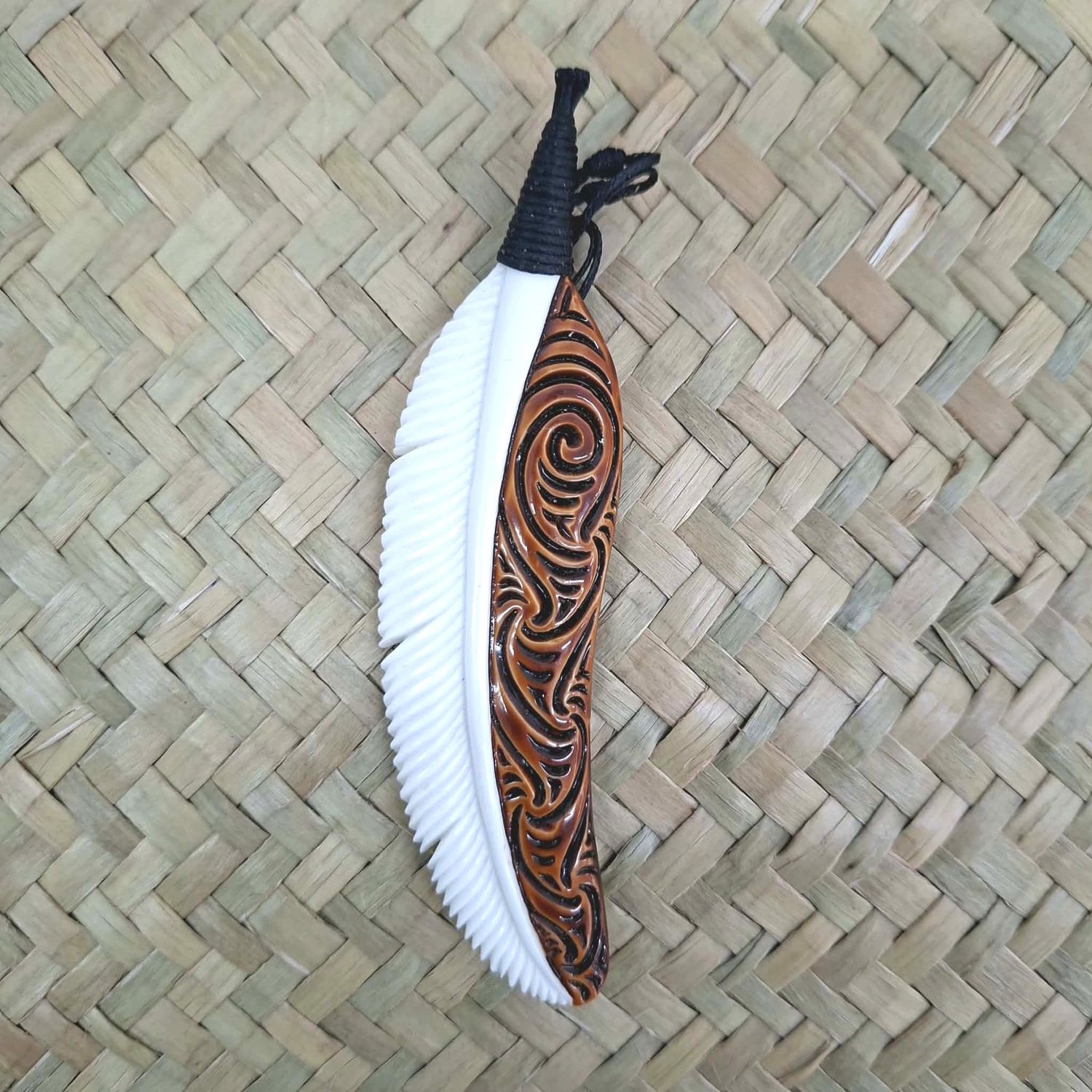 Bone Carving - Brown Koru Feather Pendant