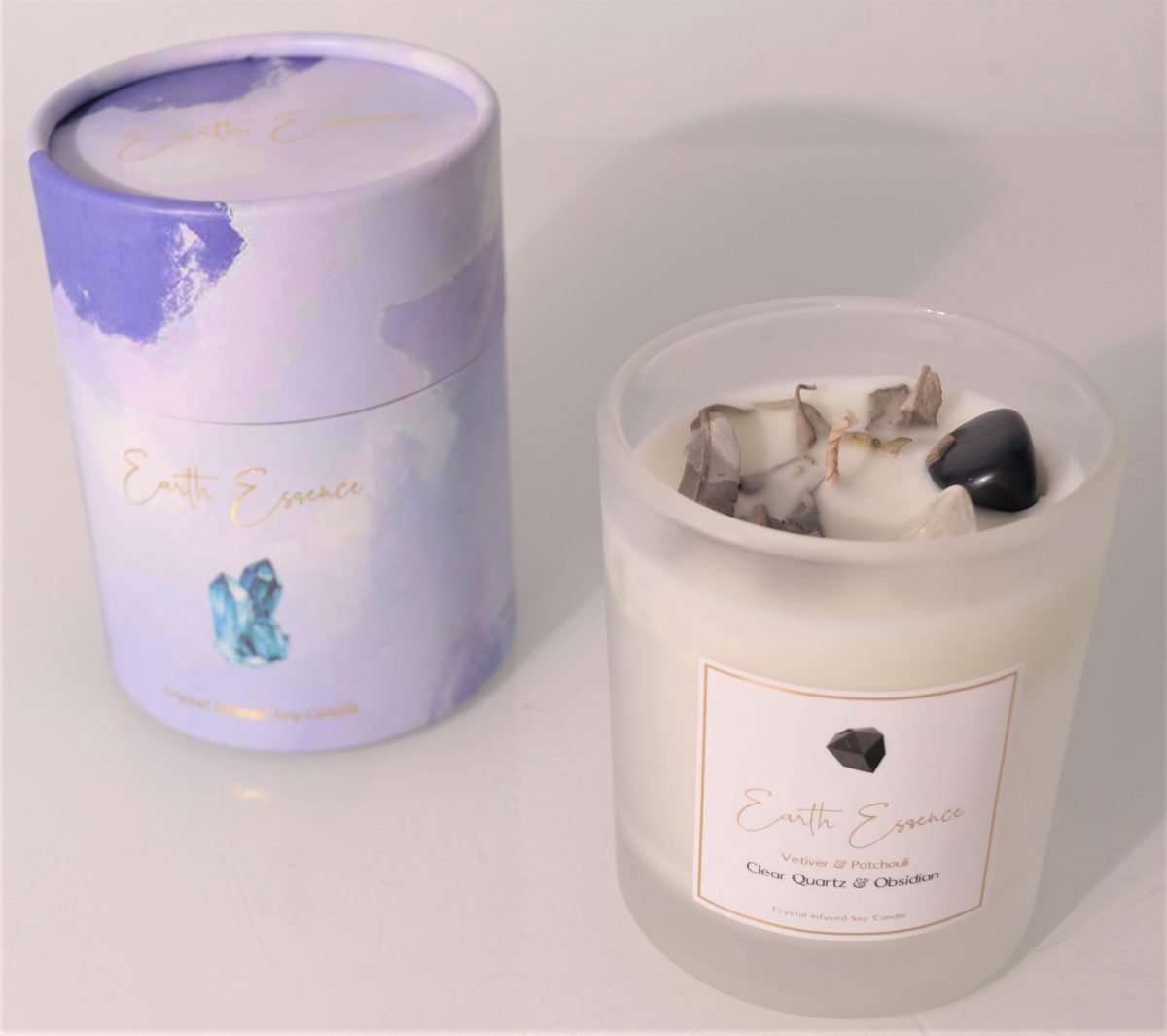 White Sage, Vetiver, Patchouli, Clear Quartz and Obsidian Candle