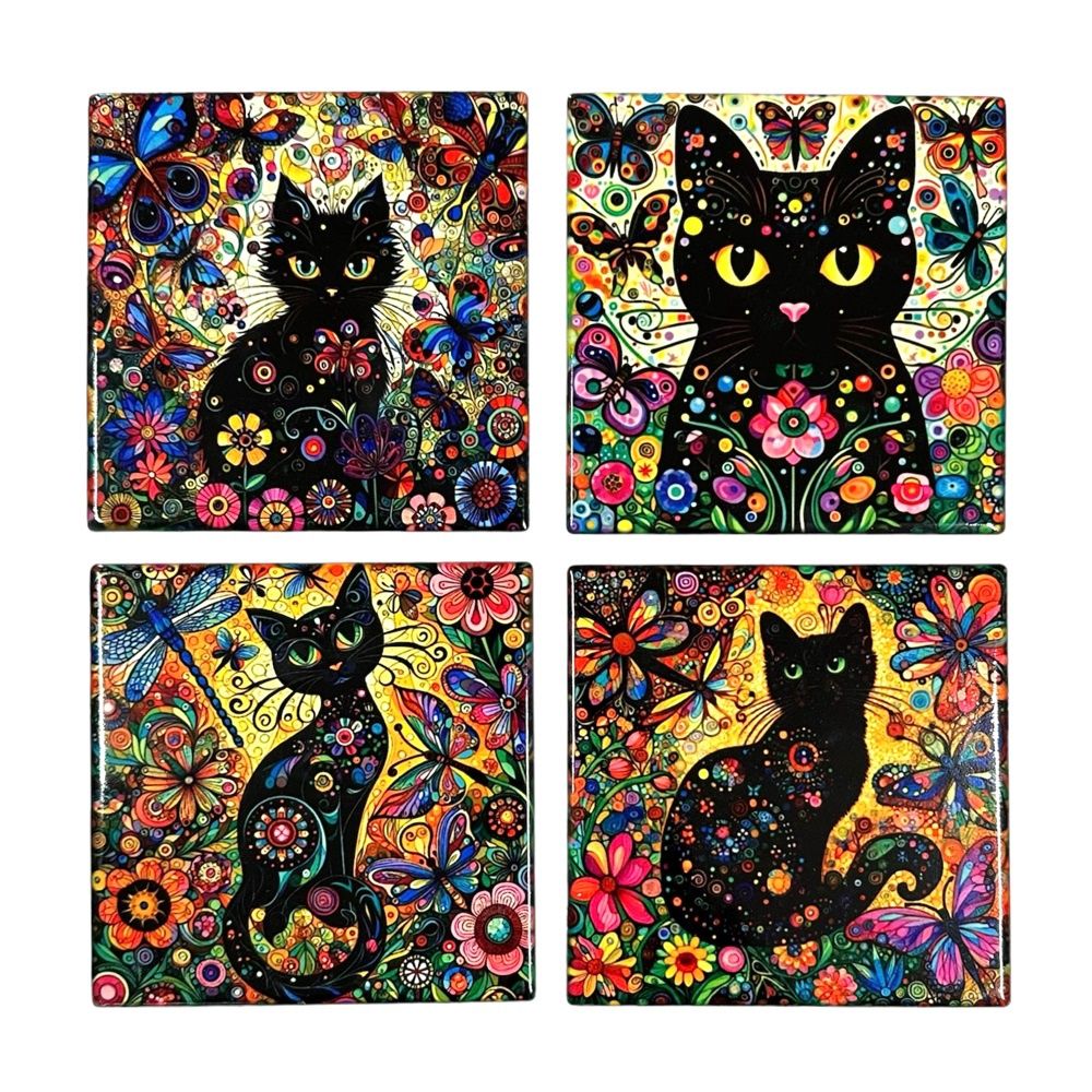 Black Cat floral Coaster Set