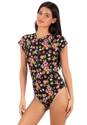 Hurley MAX HIBISCUS DREAM CHEEKY SHORT SLV SURFSUIT, Color: Black Floral SP26, Size: XS