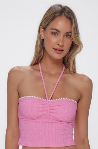 Swim Systems Pom Pom Dolly Crop Top, Color: COTTON CANDY SCRUNCH SU26, Size: X-Small